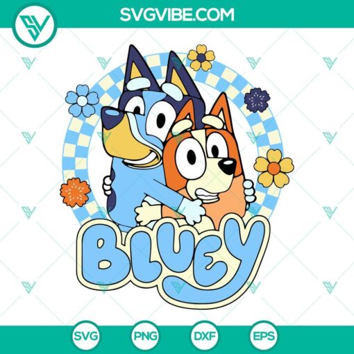 Bluey and Bingo Sisters SVG with floral design in PNG, DXF, and EPS formats for crafts and digital projects.