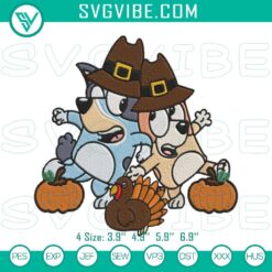 Bluey & Bingo Thanksgiving embroidery file for festive holiday stitching, featuring cute cartoon dogs and seasonal elements.
