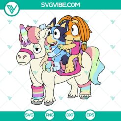 Bluey and Indy riding unicorn SVG download with Bluey and friends SVG files from Disney characters, ideal for crafting projects.