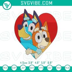 Bluey and Bingo Valentine embroidery file with heart design, perfect for Valentine's Day crafts.