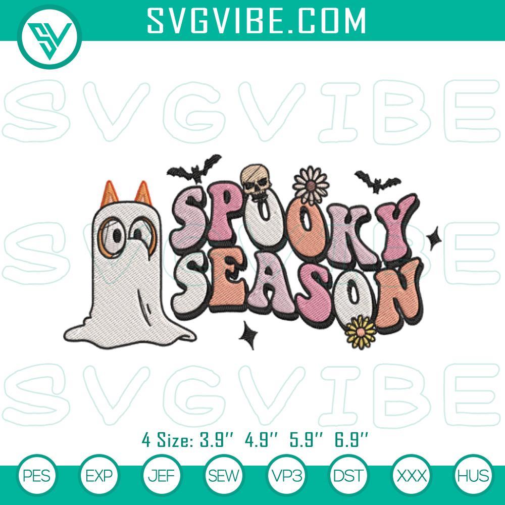 Bluey Bingo Spooky Season Embroidery Design, Bluey Halloween Embroidery File Bluey Bingo Spooky Season Halloween Embroidery Pattern featuring Bluey dressed up for Halloween with spooky elements, perfect for Halloween crafts.