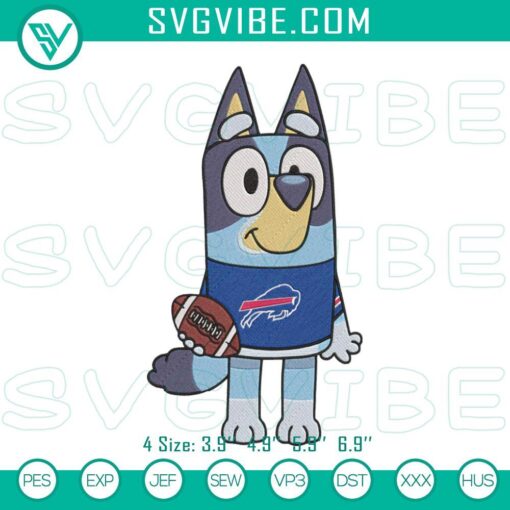 Bluey Buffalo Bills NFL-themed embroidery designs machine files, vibrant and fun football-inspired patterns for crafts.