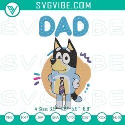 Bluey Dad embroidery design featuring Bandit from Bluey cartoon, intricate and colorful cartoon pattern ideal for crafts.