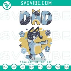 Bluey Dad embroidery design featuring Bandit Heeler, a cartoon character stitch file for digital sewing projects.
