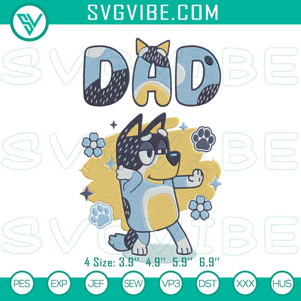 Bluey Dad Embroidery Designs, Bandit Heeler Embroidery Files Bluey Dad embroidery design featuring Bandit Heeler, a cartoon character stitch file for digital sewing projects.