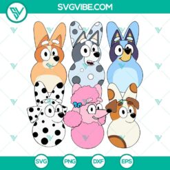 Bluey Easter themed SVG design featuring a dog with bunny ears, perfect for Easter projects. Happy Easter Peeps SVG download.
