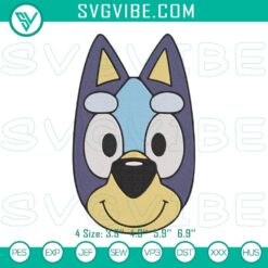Adorable Bluey face machine embroidery designs, Disney's cute blue dog pattern, ideal for crafts and projects.