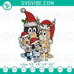 Bluey family Christmas embroidery file with festive design, perfect for holiday projects.