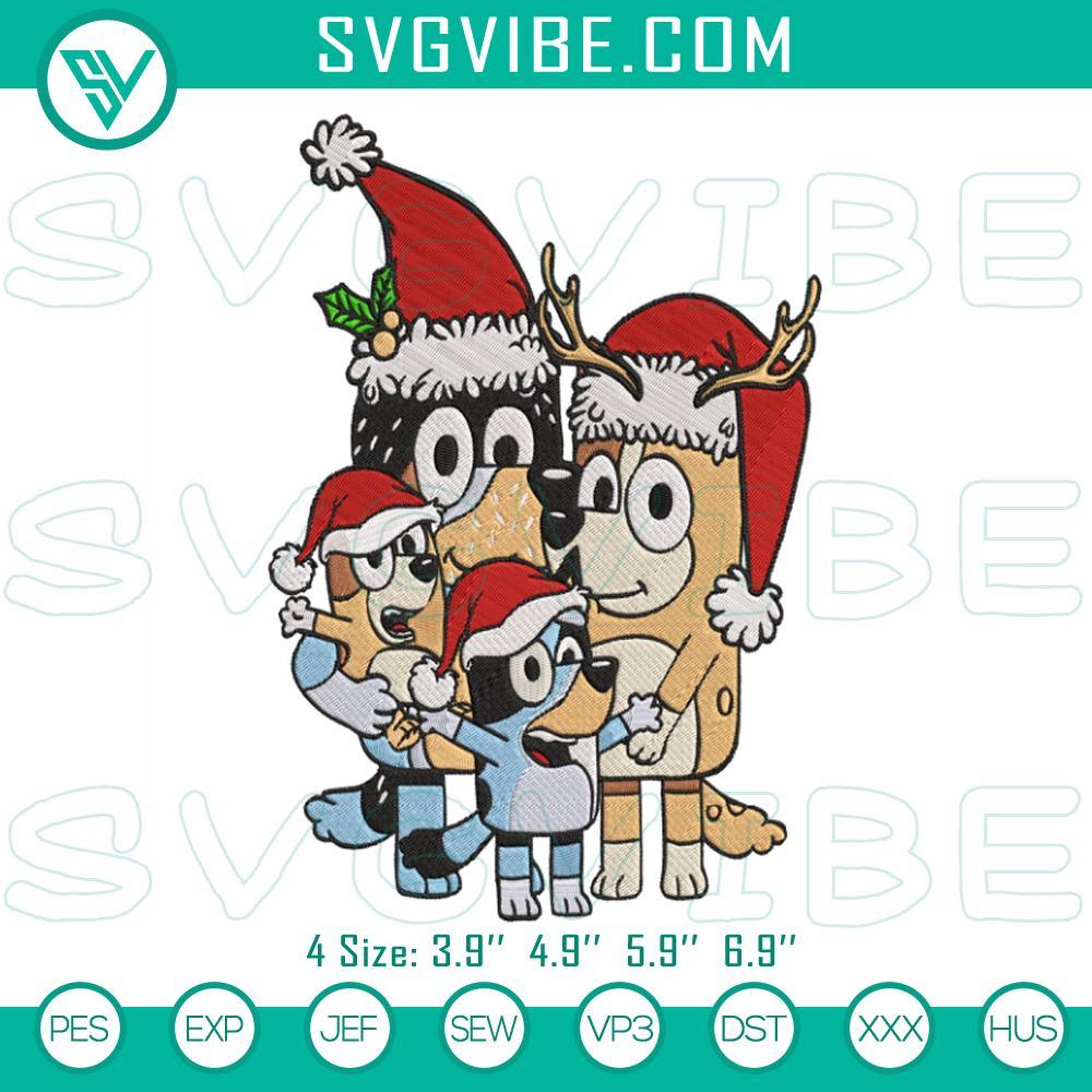 Bluey Family Merry Christmas Embroidery Design Files Bluey family Christmas embroidery file with festive design, perfect for holiday projects.