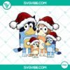 Bluey family wearing Santa hats on Christmas PNG design file, festive holiday clipart, Australian dog cartoon characters.