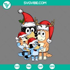 Bluey family Christmas SVG download with Santa hat, perfect for Merry Christmas crafts. PNG, EPS, DXF files included.