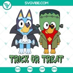 Bluey Frankenstein Halloween SVG files for download, features Bluey in a spooky Trick Or Treat scene. Perfect for Halloween crafts.