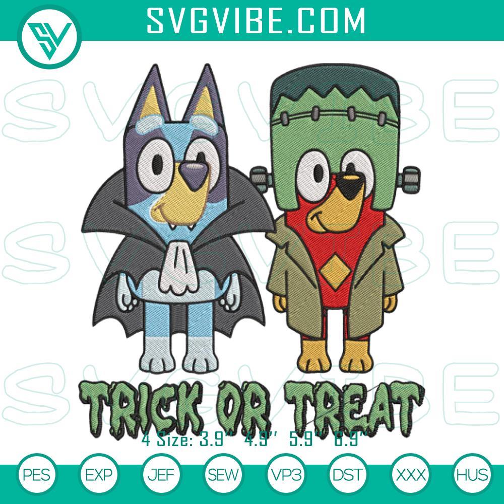 Bluey Frankenstein Trick Or Treat Halloween Embroidery Design Files Bluey Frankenstein Halloween embroidery design featuring a spooky cartoon character in a festive theme.