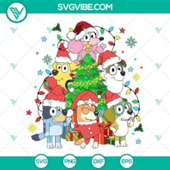 Bluey cartoon characters celebrating Christmas around a festive tree - SVG images, perfect for holiday crafts.