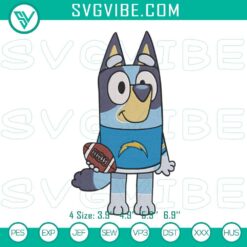 Bluey Los Angeles Chargers football character embroidery designs, fun and colorful digital file for crafting projects.