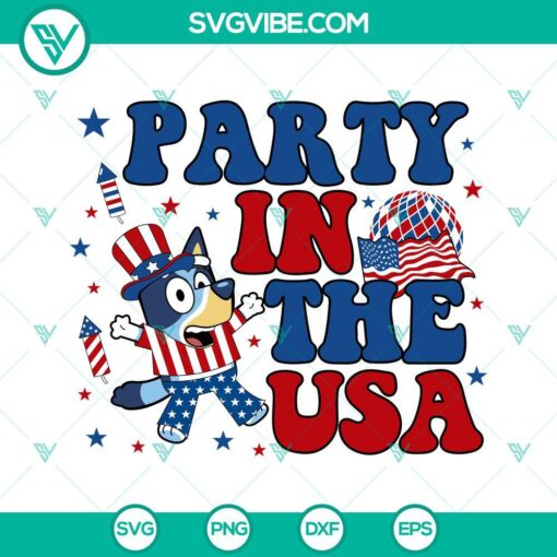 Bluey Party In The USA SVG file featuring a Heeler dog cartoon in an American theme, perfect for patriotic celebrations. Downloadable design.