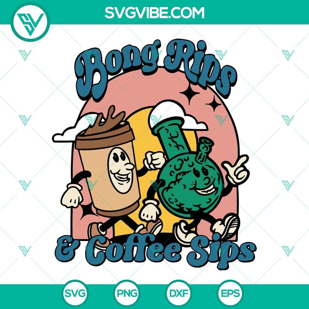 bong-rips-and-coffee-sips-svg-stoner-svg-cannabis-bong-and-coffee-cup-svg-retro-420-day-svg-png-dxf-eps-9-mockup.jpg Bong rips and coffee sips SVG design download for stoners featuring cannabis bong.