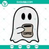 Spooky Boo ghost sipping coffee in Halloween-themed SVG image for digital designs.