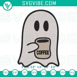 Boo ghost drinking coffee Halloween embroidery design, funny spooky digital files for crafts.