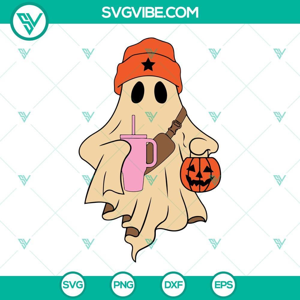 Boo-Jee Ghost SVG, Cute Ghost Drinking SVG PNG DXF EPS Files Boo-Jee Ghost SVG with cute ghost drinking design, download PNG, DXF, EPS files for crafting.
