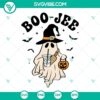 Boo Jee SVG: Cute ghost in witch hat drinking coffee, Halloween-themed design in SVG PNG DXF EPS formats.