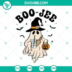 Boo Jee SVG: Cute ghost in witch hat drinking coffee, Halloween-themed design in SVG PNG DXF EPS formats.
