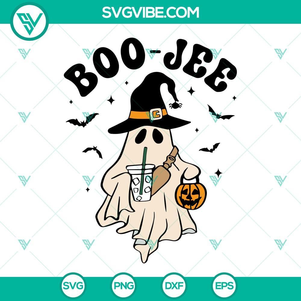 Boo Jee SVG, Cute Ghost With Coffee In Witch Hat SVG PNG DXF EPS Cut Files Boo Jee SVG: Cute ghost in witch hat drinking coffee, Halloween-themed design in SVG PNG DXF EPS formats.