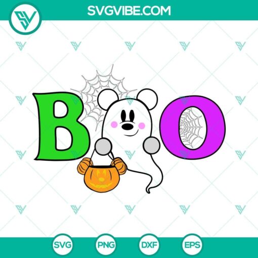 Spooky Mickey Mouse ghost Halloween SVG files for crafting, featuring "Boo" text in a festive design. Perfect for Halloween themed projects.
