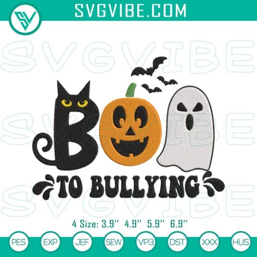 Anti-bullying awareness digital stitch file with "Boo to Bullying" embroidery design, promoting kindness and compassion.