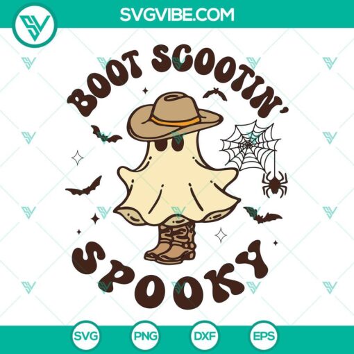 Boot Scootin Spooky SVG file featuring cowboy ghost images in a retro western design. Perfect for Halloween crafts and decor.