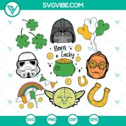 Lucky Star Wars SVG with 4 Leaf Clover & Pot of Gold, St. Patrick's Day themed digital files for download.