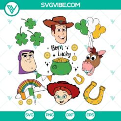 Green clover SVG images for St. Patrick's Day featuring Toy Story theme, perfect for digital crafting projects.