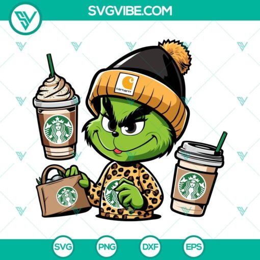 Boujee Grinch, Carhartt Grinch, and Leopard Grinch Starbucks cup and coffee SVG images for download.