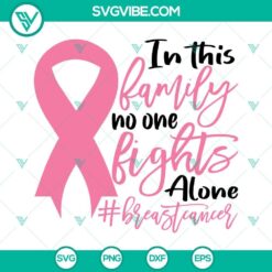 Breast Cancer Awareness SVG design with text "In This Family No One Fights Alone", pink ribbon and heart. Ideal for crafts.