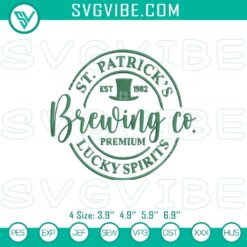 St. Patrick’s Day embroidery design file for a Brewing Co celebration theme with beer and luck motifs. Perfect for festive projects.
