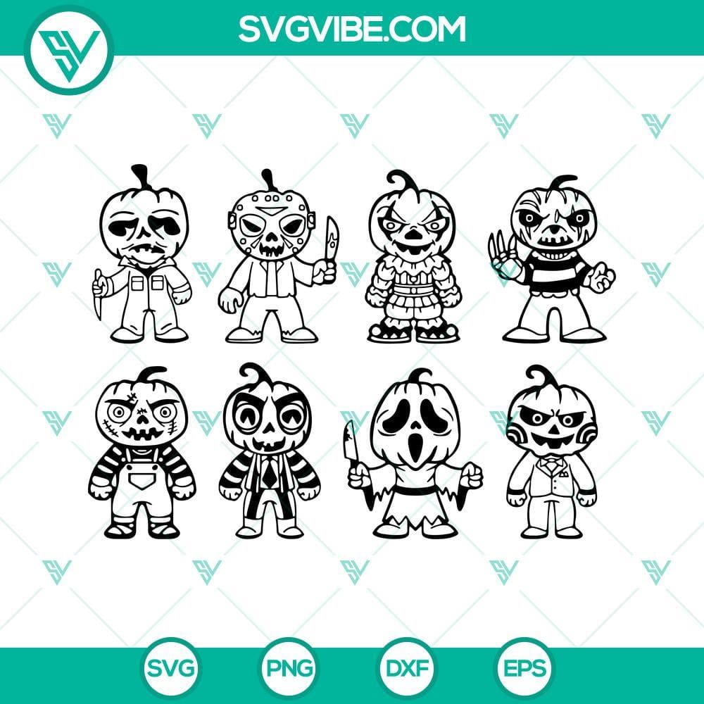 bundle-horror-movie-characters-pumpkin-heads-svg-files-cricut-silhouette-halloween-characters-svg-6-mockup.jpg Bundle of horror movie characters with pumpkin heads, perfect for Cricut projects. SVG image files included.