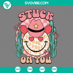 Leopard smiley face cowboy hat with cactus "Stuck on You" design, perfect for Western Valentine's projects. SVG download available.