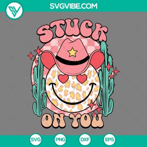Leopard smiley face cowboy hat with cactus "Stuck on You" design, perfect for Western Valentine's projects. SVG download available.