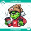 Canadian Grinch holding Starbucks cup, drinking coffee in PNG files - festive and cozy holiday design.