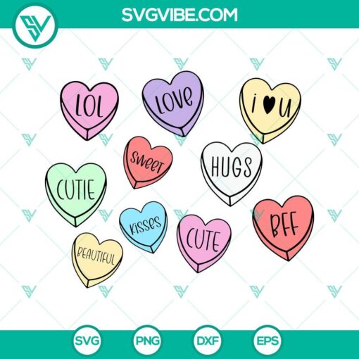 Valentines Day funny conversation hearts SVG file for download, featuring candy heart designs.