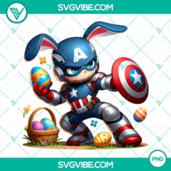 Chibi Captain America Easter Bunny with Marvel Easter Eggs, PNG image for Happy Easter, superhero design with Easter theme.