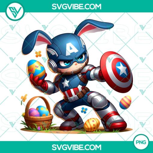 Chibi Captain America Easter Bunny with Marvel Easter Eggs, PNG image for Happy Easter, superhero design with Easter theme.