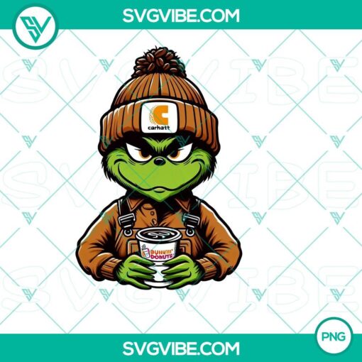 Carhartt Baby Grinch and Grinch Coffee PNG files with Dunkin Donuts theme, perfect for holiday designs.