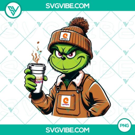 Carhartt Grinch Dunkin Donuts PNG files with Grinch Coffee Christmas design, perfect for holiday season digital downloads.