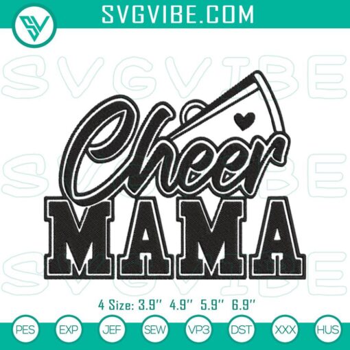 Cheer Mama embroidery design for sports moms, machine file with bold lettering and megaphone graphic.