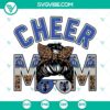 Royal blue and silver Cheer Mom SVG images with leopard print messy bun design, perfect for cheer moms. Great for DIY projects.