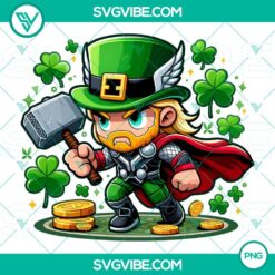 Chibi Baby Thor Marvel St Patrick's Day PNG with Thor, Shamrock, and 4 Leaf Clover design for digital use.