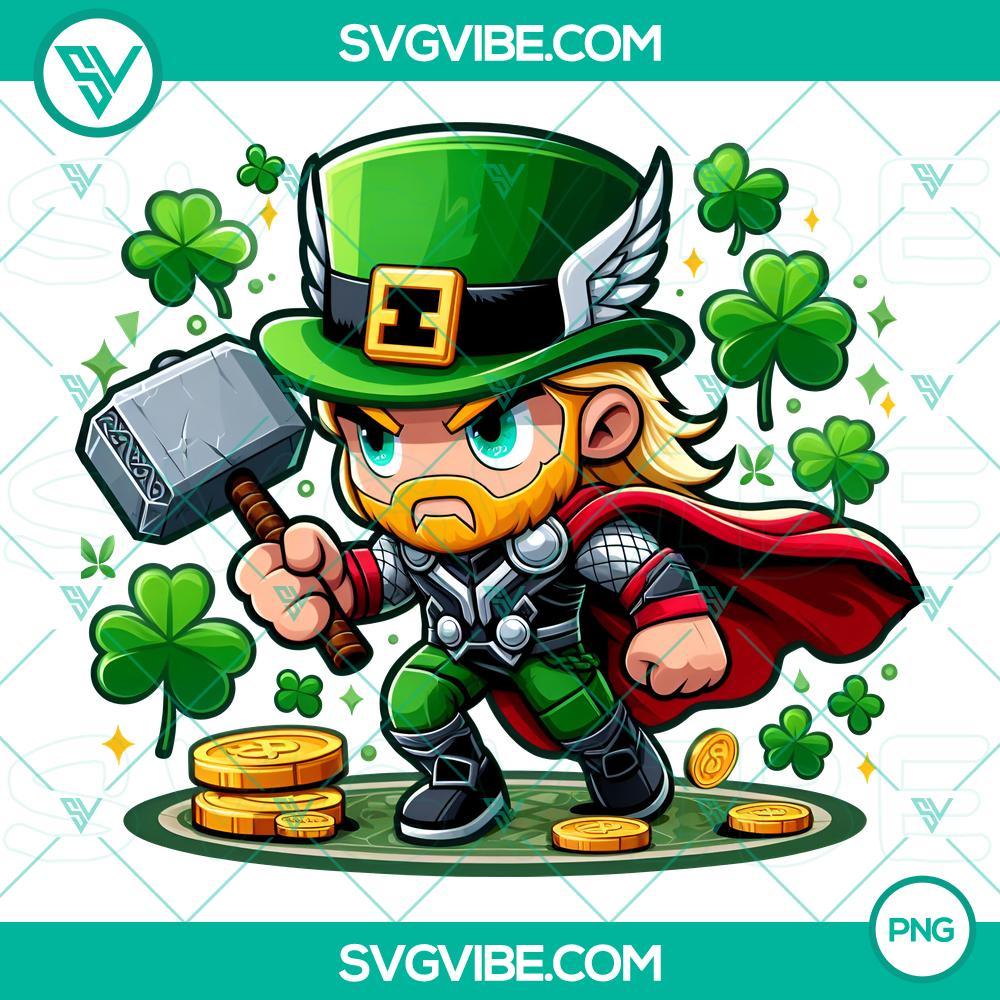 Chibi Baby Thor Marvel St Patrick Day PNG File, Thor Shamrock 4 Leaf Clover PNG File Chibi Baby Thor Marvel St Patrick's Day PNG with Thor, Shamrock, and 4 Leaf Clover design for digital use.