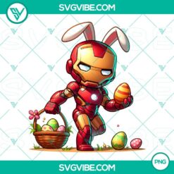 Chibi Iron Man Easter Bunny design with Easter eggs, superhero PNG files for Happy Easter celebration.