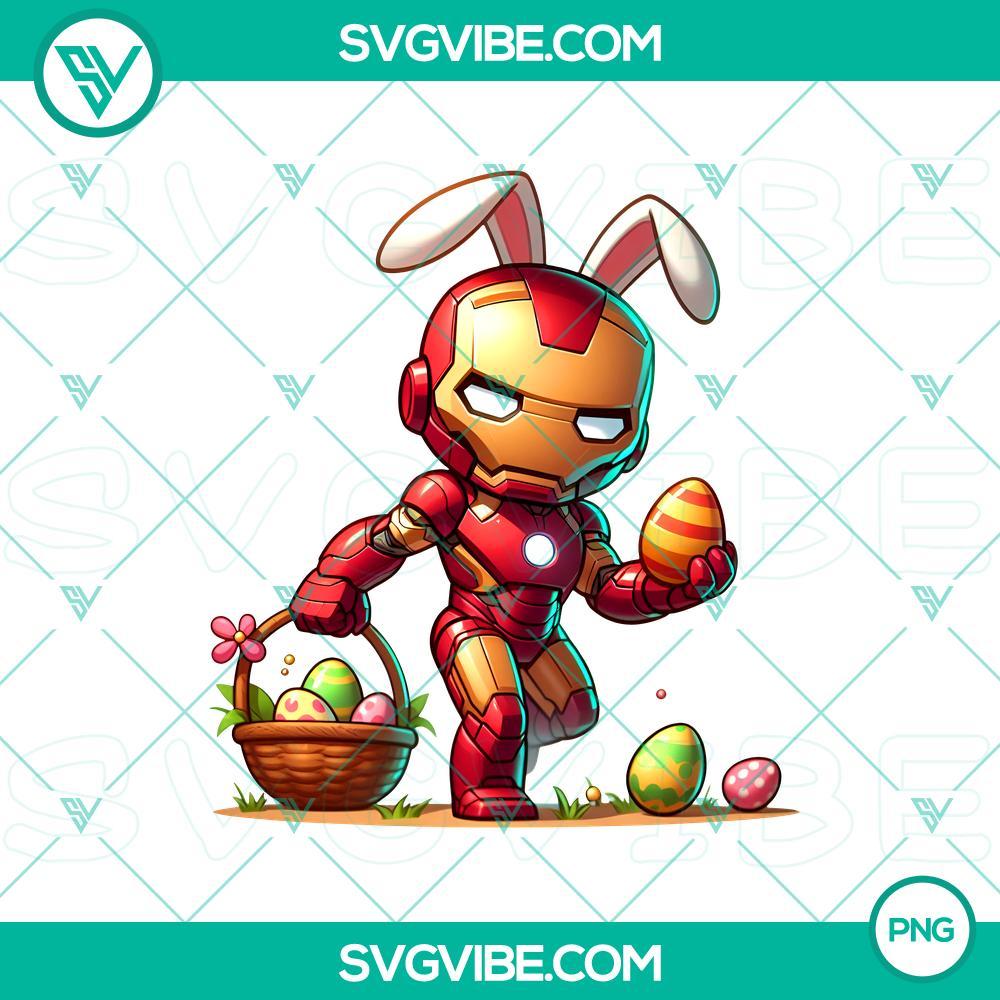 Chibi Iron Man Easter Day Bunny PNG Download, Happy Easter Eggs Superhero PNG Files Chibi Iron Man Easter Bunny superhero with Easter eggs, PNG download for Happy Easter, quirky and fun design for digital use.